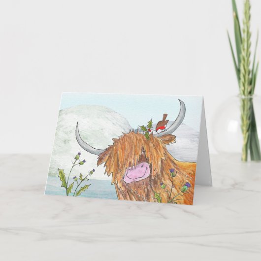 Carte de Noël Highland coo et robin (Devant)