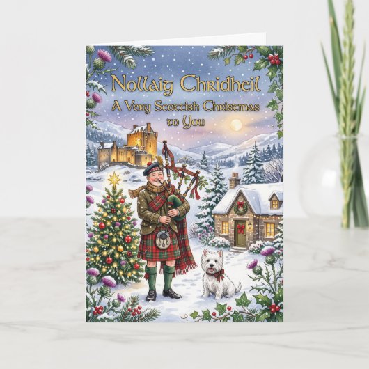 Carte de Noël highlander avec joueur de cornemuse (Devant)