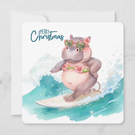 Carte de Noël Hippo Surfant en Bikini (Devant)