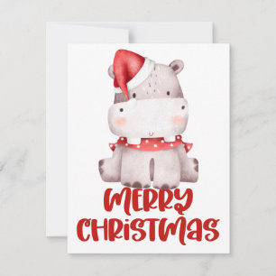 Carte de Noël hippopotame aquarelle mignonne