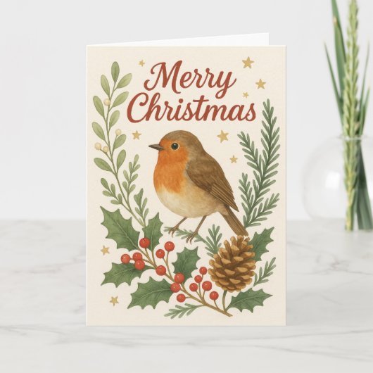 Carte de Noël Holly & Pine Robin (Devant)