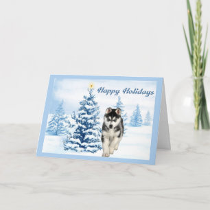 Carte de Noël Husky Sibérien Arbre Bleu