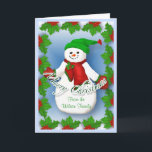 Carte de Noël Jolly Snowman<br><div class="desc">Un bonhomme de neige gelé avec foulard rouge et mitaines et casquette vert apportera un sourire pendant les vacances. La frontière sainte et l'arrière - plan bleu ajoutent aux joyeux voeux de Noël de cette carte de voeux unique. Ajoutez votre nom de famille à l'avant de la carte et le...</div>