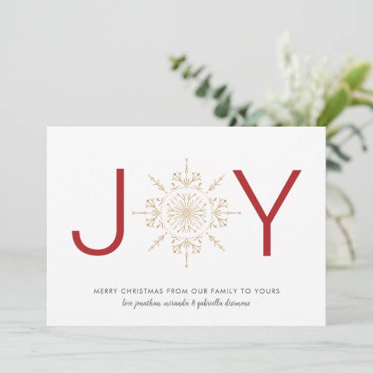 Carte de Noël JOY flocon de neige doré (Debout devant)