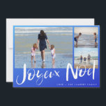 Carte de Noël Joyeaux Noel Beach<br><div class="desc">Joyeux Noel Carte de voeux de Noël française dans un design de trois photos à l'ombre bleue sur la plage. Customisé avec trois de vos photos et le nom de votre famille. Cette carte de Noël de plage revient à un dessin à rayures bleues et blanches sur le dos.</div>