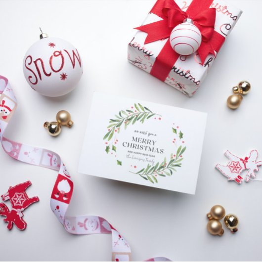 Carte de Noël Joyeuse Aquarelle verte et rouge