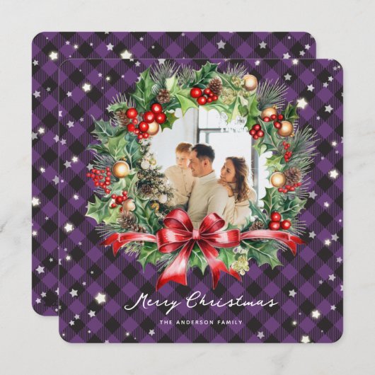 Carte de Noël Joyeuse avec couronne violette (Devant / Derrière)