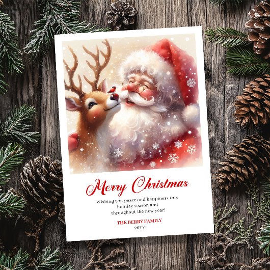 Carte de Noël joyeuse de Santa et Rudolph paisible