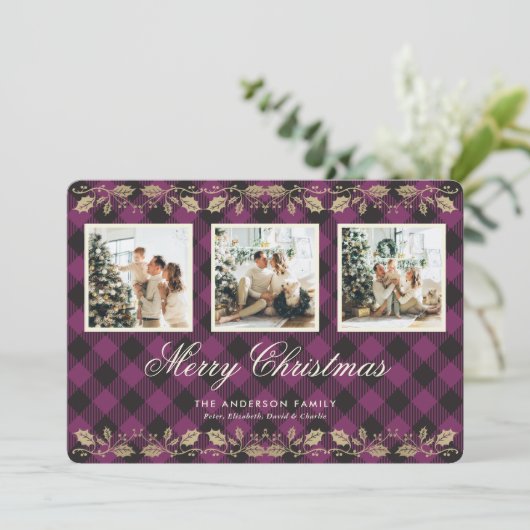 Carte de Noël Joyeuse Gold Holly Plaid violet (Debout devant)