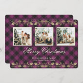 Carte de Noël Joyeuse Gold Holly Plaid violet (Devant / Derrière)