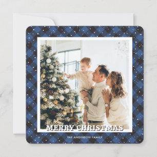 Carte de Noël Joyeuse photo de neige bleu plaid