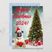 Carte de Noël Joyeuse pour chien de Carlin Funny p (Devant / Derrière)