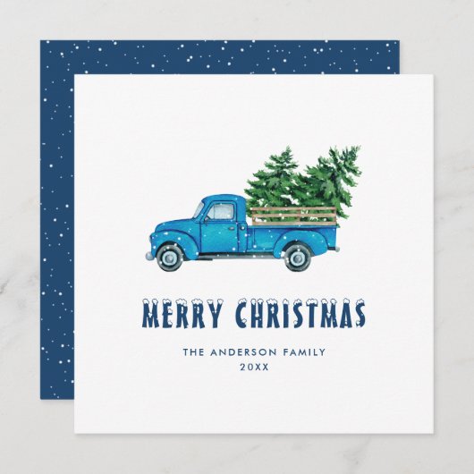 Carte de Noël Joyeux Camion bleu Aquarelle (Devant / Derrière)