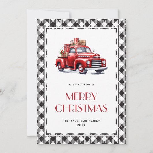 Carte de Noël Joyeux Camion Plaid Noir et Blanc (Devant)