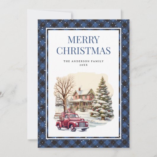 Carte de Noël Joyeux Camion Rouge Plaid Bleu Neige (Devant)