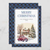 Carte de Noël Joyeux Camion Rouge Plaid Bleu Neige (Devant / Derrière)