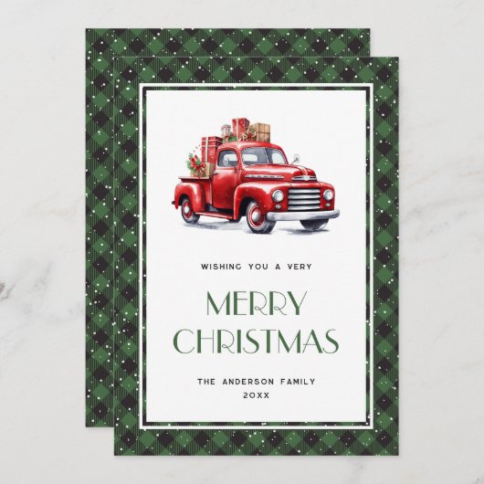 Carte de Noël Joyeux Camion Rouge Plaid Buffalo ve (Devant / Derrière)
