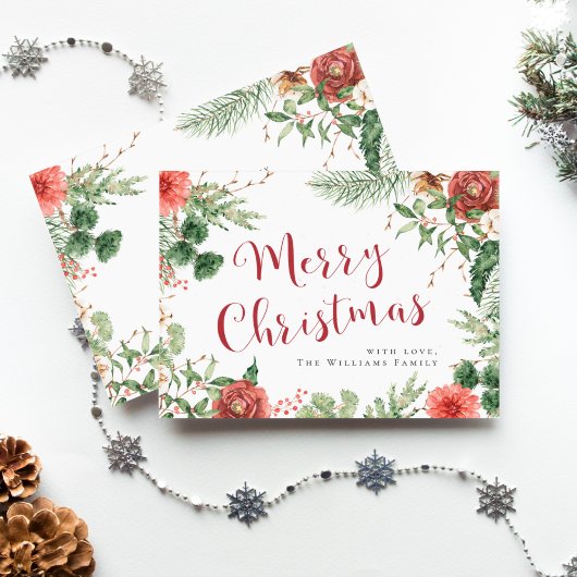 Carte de Noël Joyeux Floral Aquarelle Rouge Vacanc