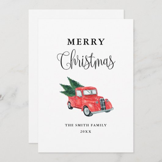 Carte de Noël Joyeux Noël Camion Rouge Aquarelle (Devant / Derrière)