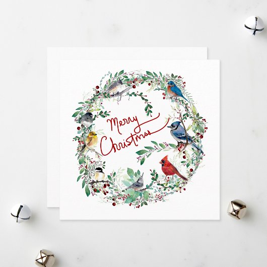 Carte de Noël joyeux oiseau et couronne
