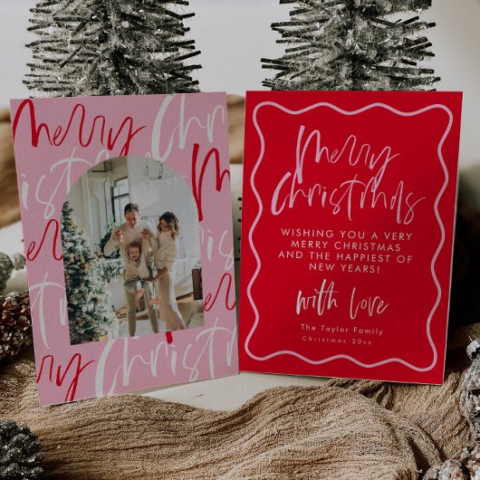 Carte de Noël Joyeux Rouge Et Rose