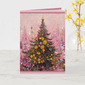 Carte de Noël Klimt style droll humour rose arbre (Fleur jaune)