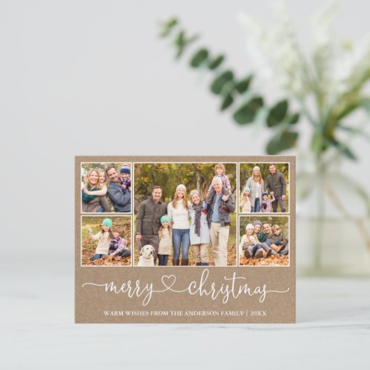 Carte de Noël Kraft Cœur Calligraphie 5 Photo Fête (Debout devant)