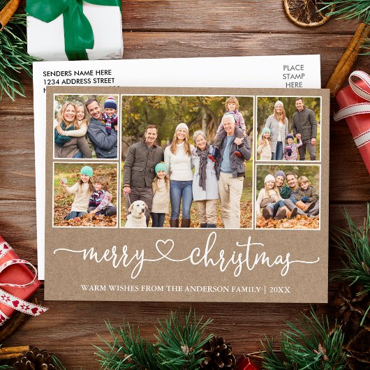 Carte de Noël Kraft Cœur Calligraphie 5 Photo Fête