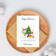 Carte de Noël Lapin Bonhomme de Neige Petit-Fils