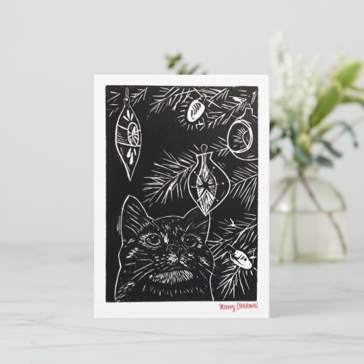 Carte de Noël Linocut Chat (Debout devant)