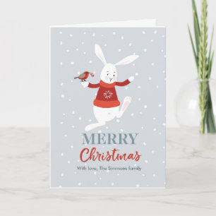 Carte de Noël mignonne d'amis de lapin et d'oiseau