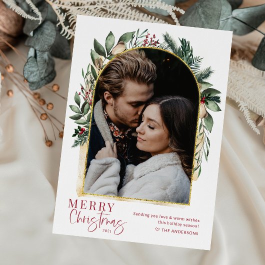 Carte de Noël Moderne Arche de Verdure Or 1 Photo