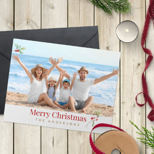 Carte de Noël moderne avec photo de famille en rou