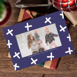 Carte de Noël Moderne Bleu Blanc avec Bisous Photo