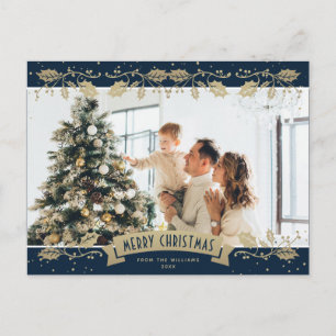 Carte de Noël moderne bleu or houx photo