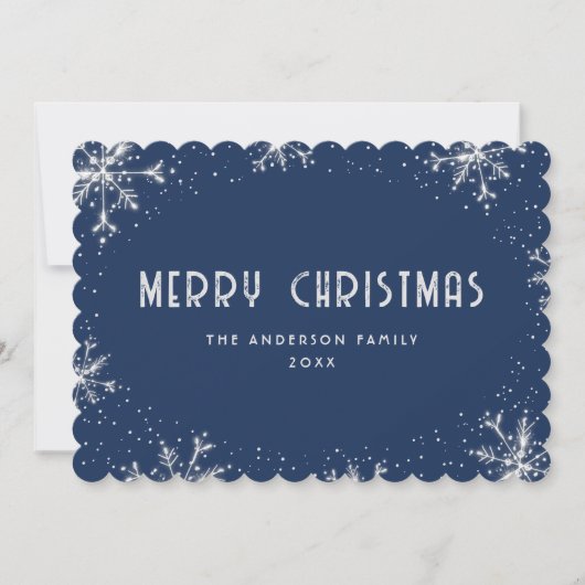 Carte de Noël Moderne Flocon de Neige Bleu Argent (Devant)