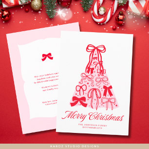 Carte de Noël moderne rose rouge ruban