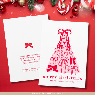 Carte de Noël moderne rose rouge ruban