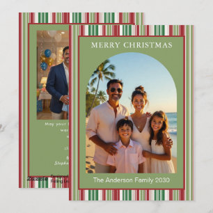 Carte de Noël Moderne Rouge Vert Rayée 2 Arcs Phot