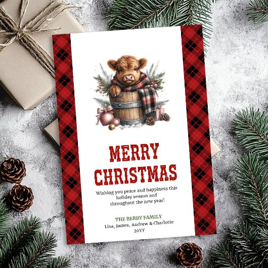 Carte de Noël modifiable à thème vache des Highlan