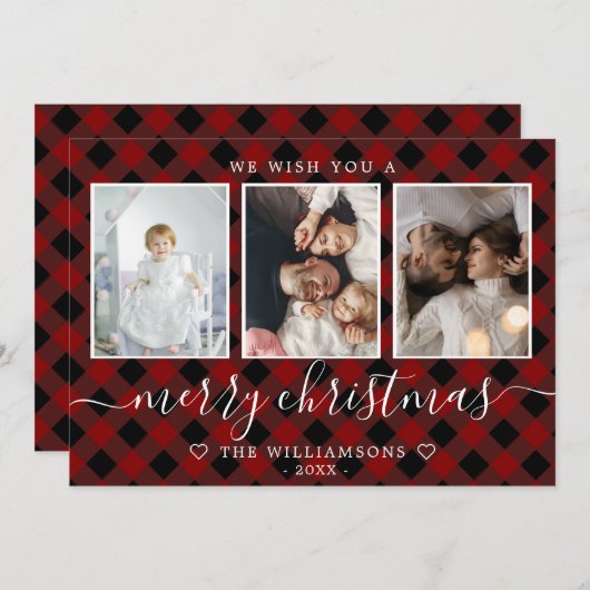 Carte de Noël multiphoto à carreaux rouges (Devant / Derrière)