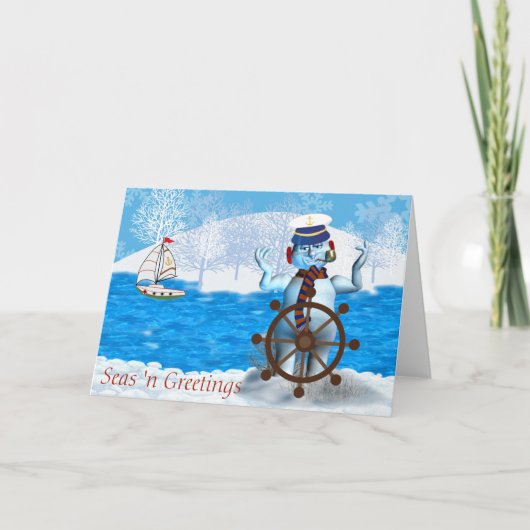 Carte de Noël nautique avec Snowman et Sailboat (Devant)
