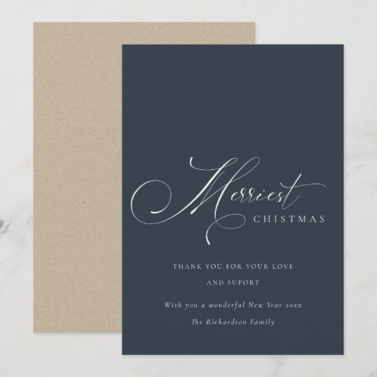 Carte de Noël Navy Grey Script Meilleurs Vœux (Devant / Derrière)