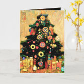 Carte de Noël or et vert de style Gustav Klimt (Fleur jaune)