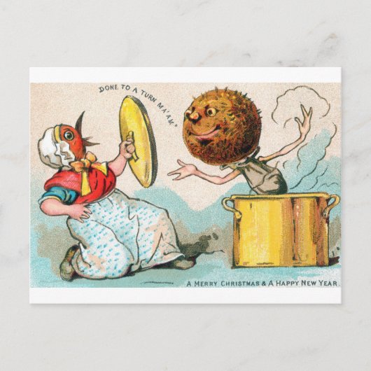 Carte de Noël où le pudding attaque la dame aux oi (Devant)