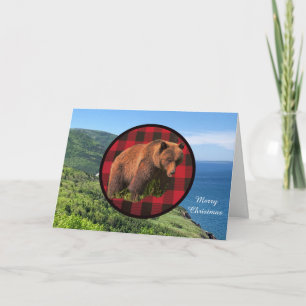 Carte de Noël Ourson Brun Plaid de Buffalo Bois