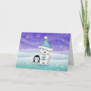 Carte de Noël Ourson Polaire Mignon et Manchot