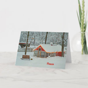 Carte de Noël Paix avec une scène de ferme neigeus