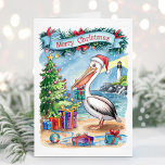 Carte de Noël Pélican Watercolor Beach<br><div class="desc">Carte de Noël du pélican à l'aquarelle géante. Personnalisez avec votre propre texte de salutation.</div>