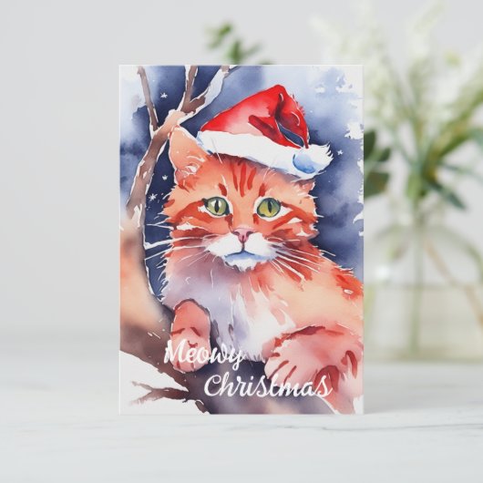 Carte de Noël père Noël Cat - "Meowy Holidays" (Debout devant)